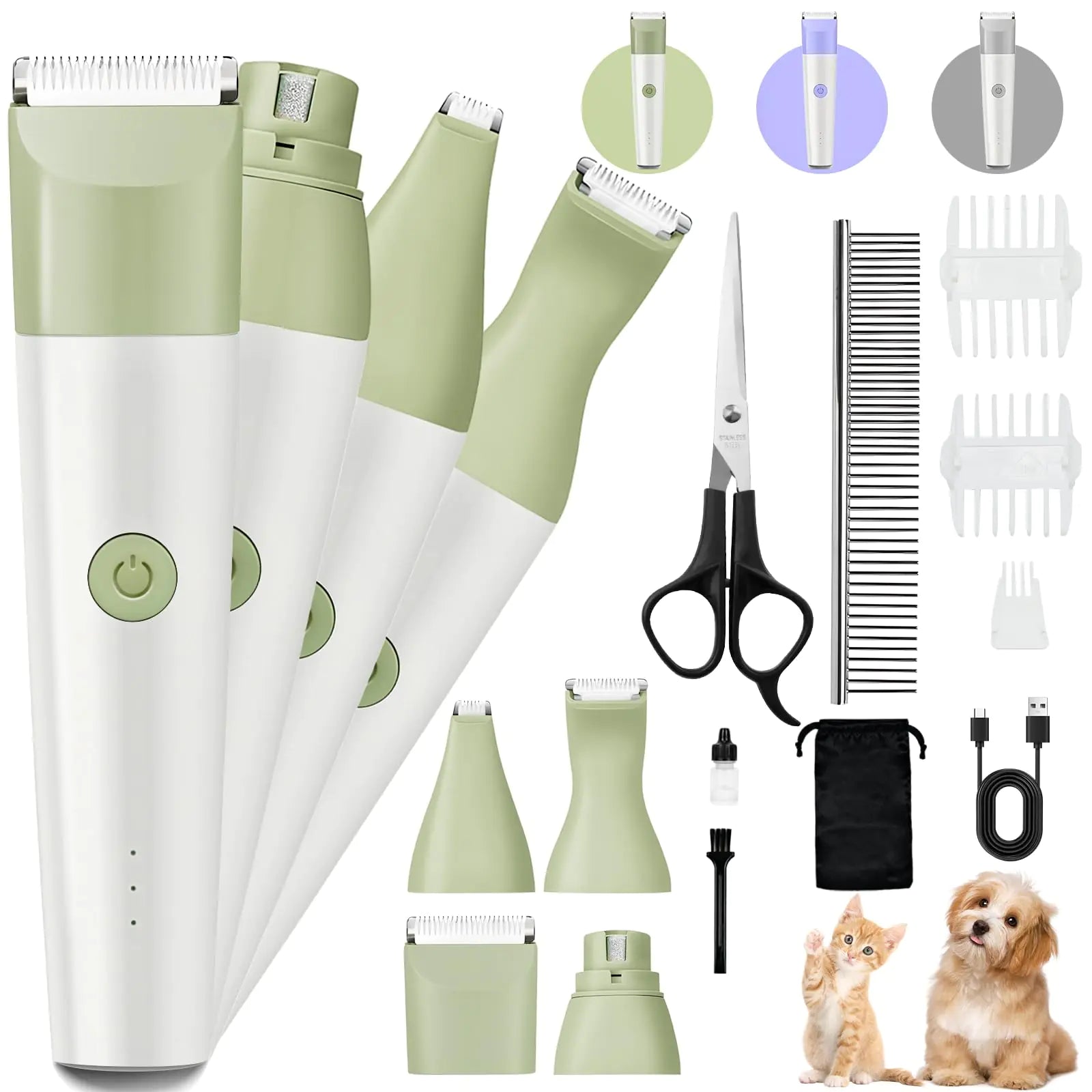 Dog Clippers Grooming Kit 4 in 1 Quiet Cordless Dog Paw Trimmer & Nail Grinder Small Dog Cat Clippers Electric Rechargeable Low Noise Pet Shaver